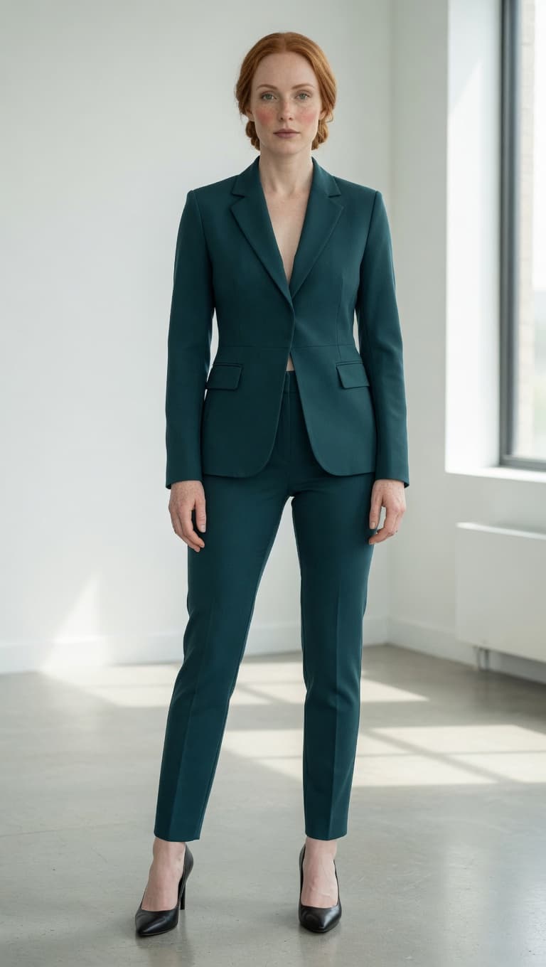AI preview — Deep Teal power colour, structured waist, and open shoulder line